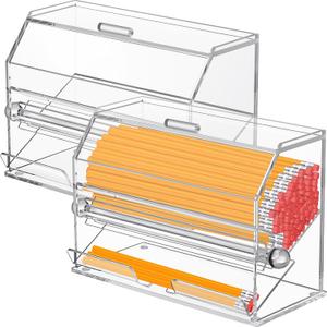 Pinkunn 2 Pcs Acrylic Pencil Dispenser Holder Clear Plastic Pencil Holder with Lid Rolling Knob Storage Box for Classroom Office Desk Teacher Students Bulk Organization Supply