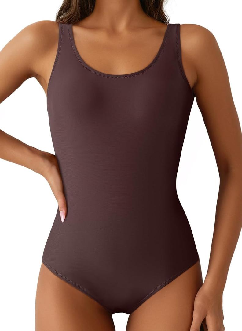 Aleumdr Womens Color Block Print One Piece Swimsuits Athletic Training Swimwear Bathing Suits (X-Large, Dark Brown)