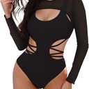 Kisscynest Women's Sexy Cutout One Piece Swimsuit Monokini with Long Sleeve Coverup Shirt (Medium, Black)