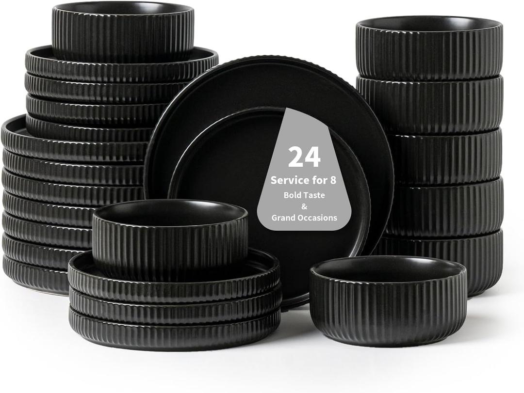 24 Piece Dinnerware Set,Bold Black Dish Set with Plates and Bowls for 8  Premium Ceramic Tableware for Hosting & Large Gatherings (Matte Reactive Dark Night)