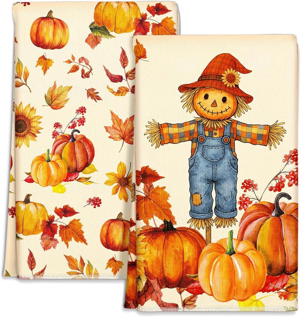 Fall Kitchen Towels Set of 2 - Fall Kitchen Dish Towels 18x26 Inch Microfiber Decorative Autumn Themed Towel for Thanksgiving Harvest, Absorbent Hand Towel with Hanging Loop, Straw Pumpkin
