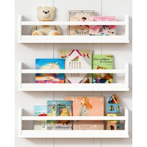 24 Inch White Wall Bookshelf for Kids Room, Floating Nursery Book Shelves Wall Mounted with Lip and Hanging Rod for Baby Girl Boy Bedroom, Large Corner Hanging Children Bookshelves -Set of 3