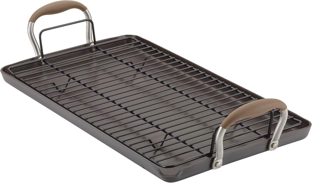 Anolon Advanced Home Hard Anodized Nonstick Double Burner Griddle/Grill Pan with Roasting Rack, 10 Inch x 18 Inch, Bronze