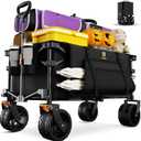 Navatiee Big Wheels Collapsible Wagon Cart Foldable, Heavy Duty Beach Wagon with Silent All-Terrain Wheels, Folding Utility Grocery Cart with Side Pocket and Brakes for Camping Garden Sports, Black