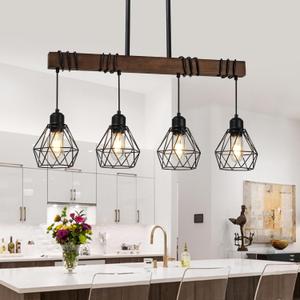 Dining Room Retro Light Fixture Hanging for Modern Farmhouse 4-Lights Kitchen Island Lighting,Modern Chandelier Over Table Linear Chandeliers Black Rustic Wood Ceiling Pendant Light Fixtures (Brown)