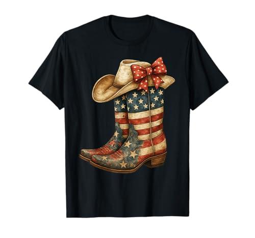 Retro Western Cowboy Boots Cowgirl American Flag 4th of July T-Shirt L Ladies