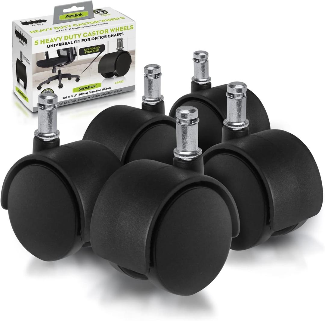 Slipstick CB682 2 Inch Replacement Office Chair Wheels (Set of 5 Casters) Universal Standard Size Stem 7/16 Inch x 7/8 Inch - Black Plastic
