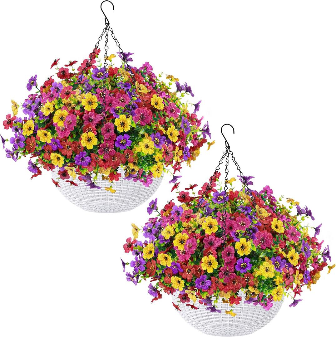 Der Rose 2 Pack Artificial Hanging Flowers Basket for Faux Plants Outdoor Spring Summer Decoration UV Resistant Fake Flowers for Patio Balcony Farmhouse Decor