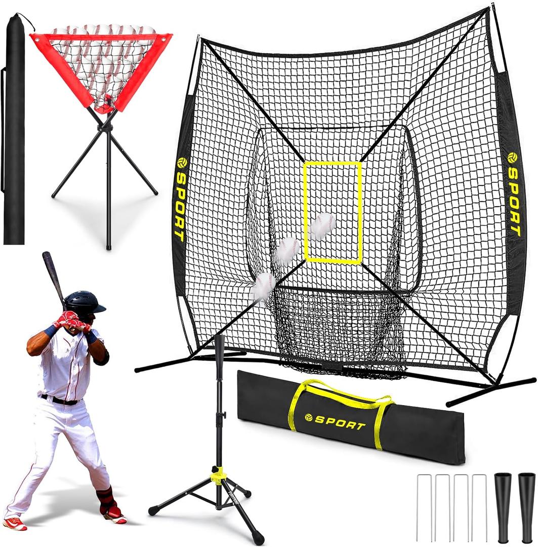 7'7'Baseball Softball Practice Net-Batting Catching Pitching Training Equipment Set Portable Batting Tee Ball Holder Caddy-Baseball Softball Coach Pack.Great for All Skill Levels