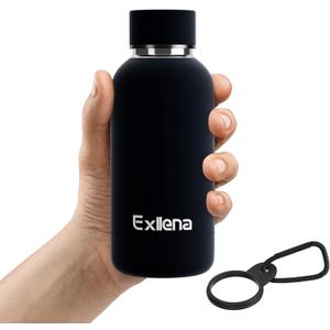 Exllena Small Water Bottle 12oz with Clip, Double Wall Stainless Steel Vacuum Small Insulated Water Bottle Keeps Drinks Cold 24 Hrs/Hot 12 Hrs for Kids Handbag School BPA Free (Black) (11.8 Ounces)