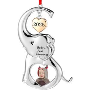 2 x Thyle Baby's First Christmas Photo Ornament 2025 Elephant Photo Frame Holiday Keepsake Gift 2025 Xmas Picture Frames Metal Christmas Hanging Ornament Pendant for Xmas Tree Decoration Family Pet