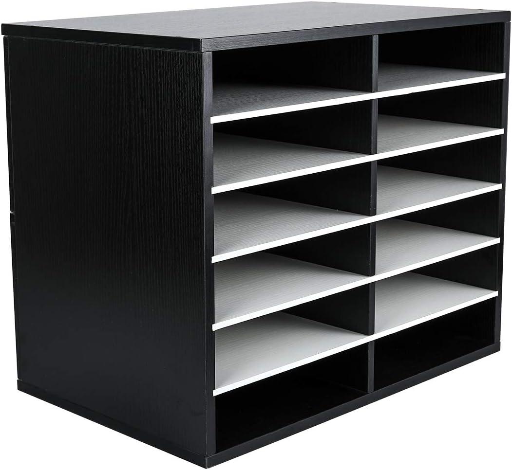 EasyPAG 12 Compartments Wooden Literature Organizer with Adjustable Shelves, 6000 Sheets Capacity Paper Organizer, Classroom Mailbox and Mail Sorter for Teachers and Office, Black/White