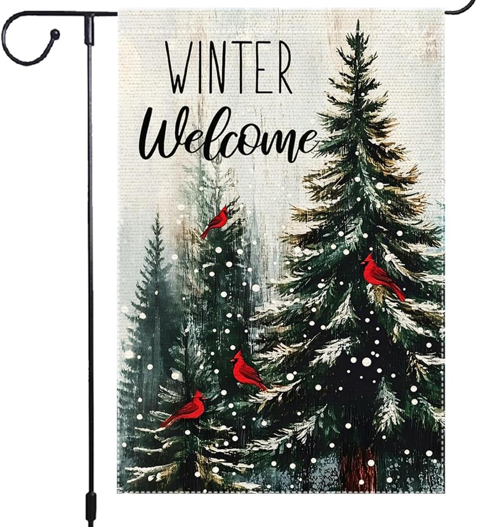 Winter Garden Flag Christmas Garden Flags 12x18 Inch Double Sided Burlap Welcome Yard Flag with Cardinals Snow and Pine Trees for Outdoor Seasonal Holiday Decorations