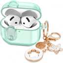 (with Safety Lock) Clear Case Compatible with Cute Apple Airpods 4 Cases 2024 Women, VISOOM Soft TPU Transparency Air pods 4 Gen Case iPods 4 Earbuds Case Girl Bling Keychain for Airpod iPod 4th Gen (Leaf Green)