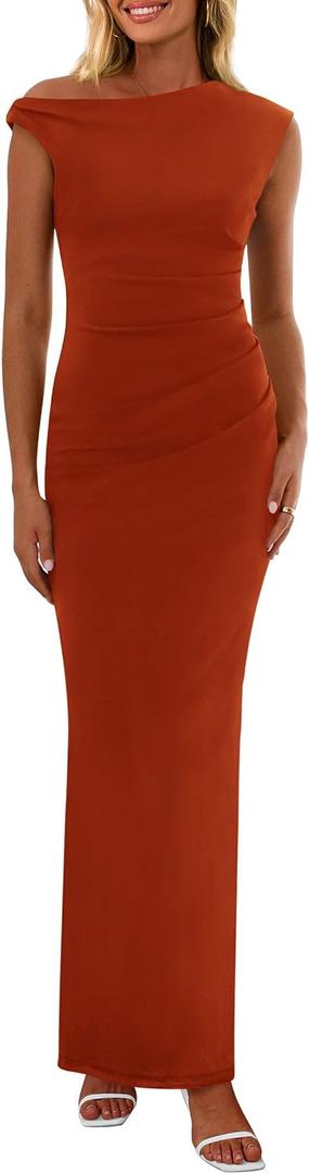 PRETTYGARDEN Women's 2026 Summer Formal Maxi Dresses Sleeveless One Shoulder Bodycon Ruched Mesh Wedding Guest Cocktail Dress (Orange, XL)