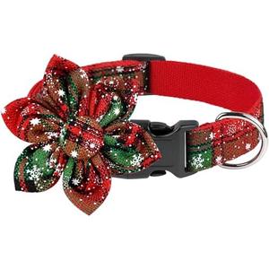 Malier Christmas Dog Collar with Flower, Classic Buffalo Plaid Dog Collar with Hardware Buckle Adjustable Collar with Bow Tie for Small Medium Large Dogs Puppy (Medium, Red & Green)