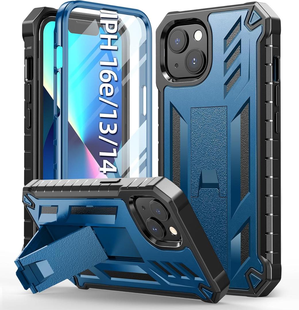 for iPhone 13/14 Protective Case: for iPhone 16e Cover Heavy Duty Military Grade Hard Protection Shock Proof Grip | Durable Dual-Layer Design with Built-in Kickstand Blue