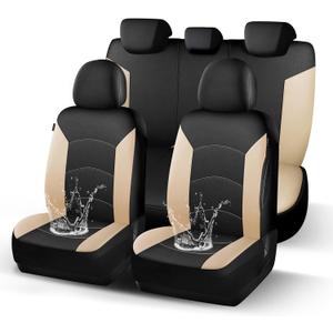 HChengkikz Car Seat Covers Full Set, Waterproof Neoprene Car Seat Covers, Airbag Compatible, Universal Automotive Seat Covers for Most Sedans, SUVs, Trucks (Black + Beige)