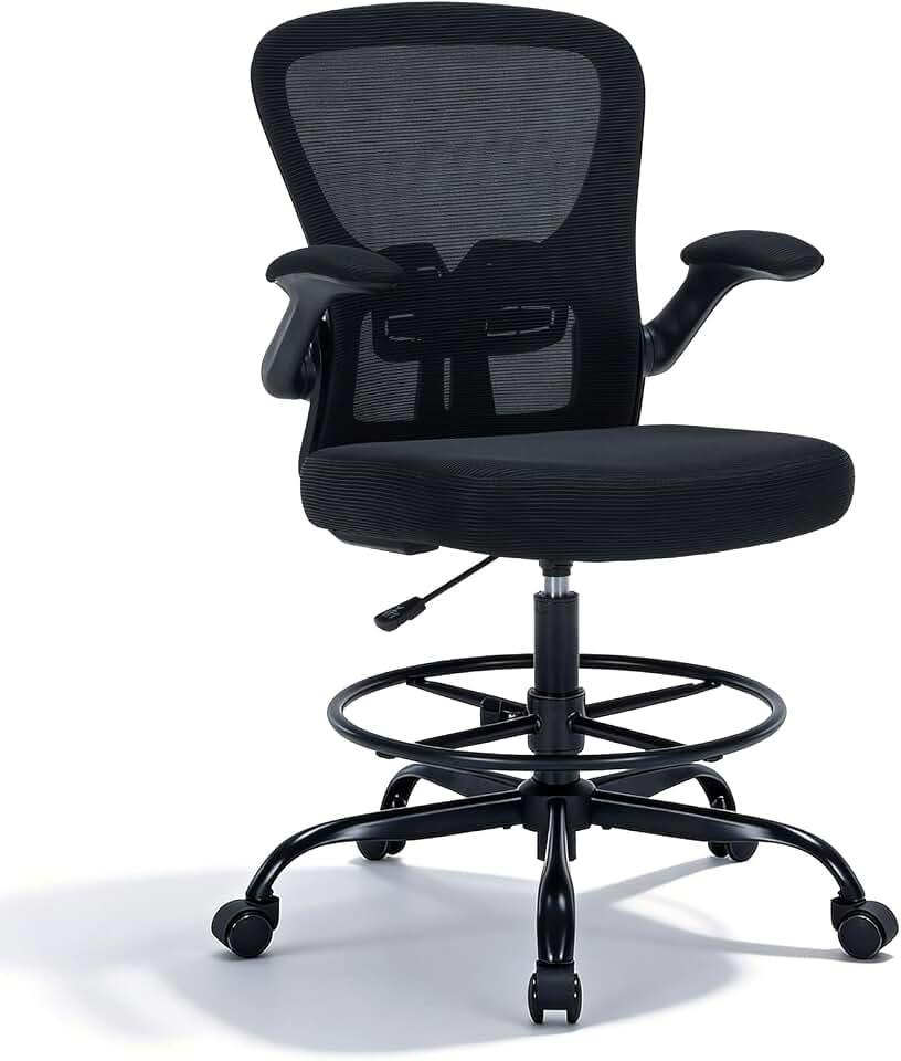 Drafting Chair Tall Office Chair, Standing Desk Chair with Flip-Up Armrests, Breathable Mesh High Chair Adjustable Height, Ergonomic Computer Chair with Lumbar Support and Adjustable Footrest Ring