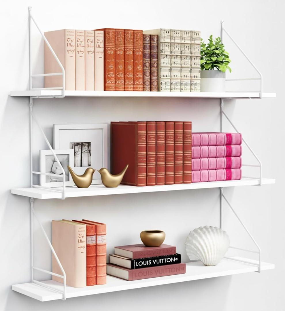 White Floating Shelves for Wall 36 Inch Long, Large Wall Book Shelf Unit, 36" x 8" x 12.2" Tall Bookends