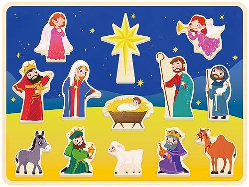 MoinKidz 13 Piece Nativity Scene Puzzle, Christmas Wooden Chunky Jigsaw Puzzles for Kids Ages 3-5, Nativity Set Preschool Educational Toy for Toddlers
