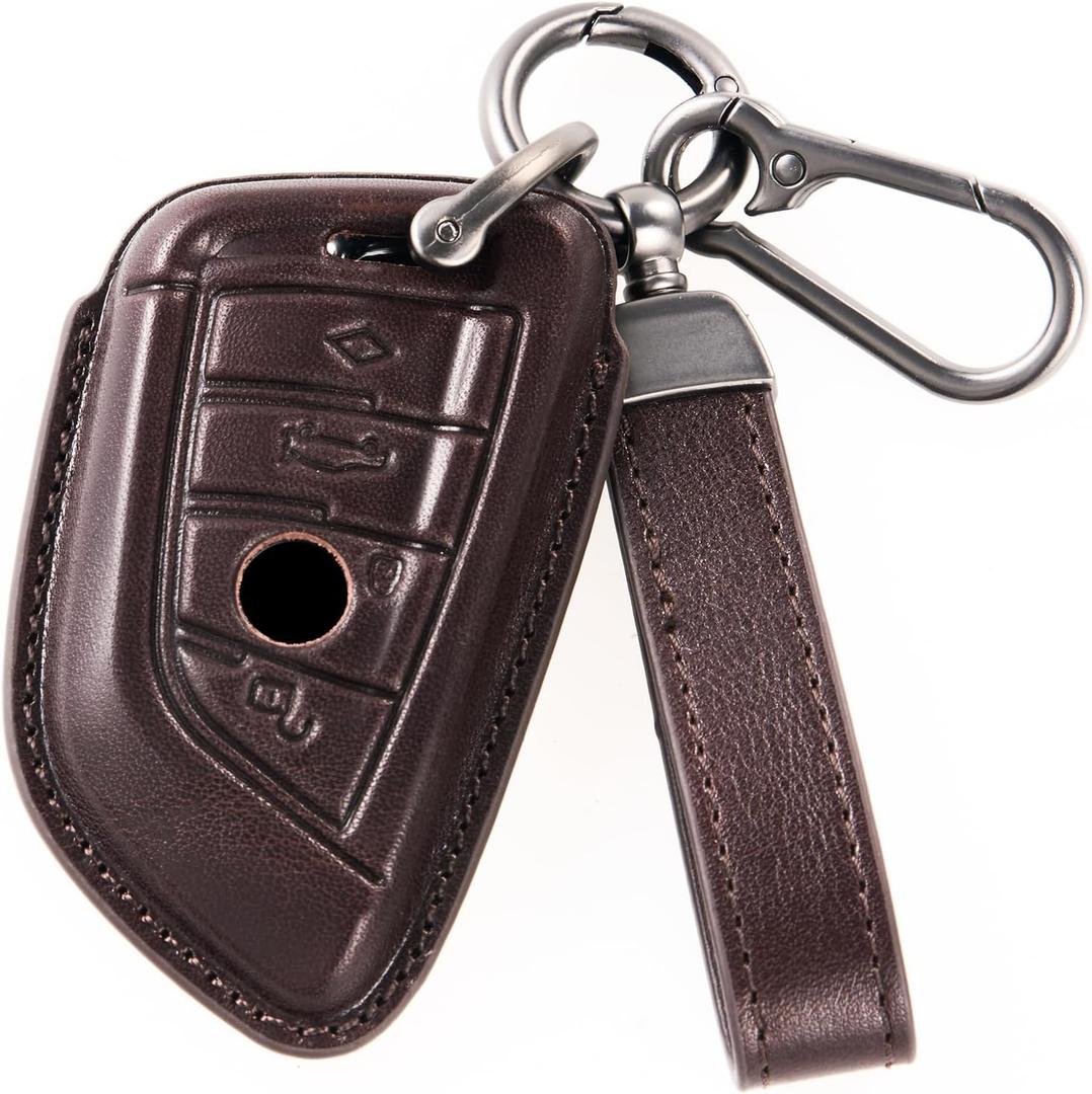 Leather Key Fob Cover for BMW, Compatible with 1 3 5 7 Series, X1 X2 X3 X5 X6 X7 (Brown)