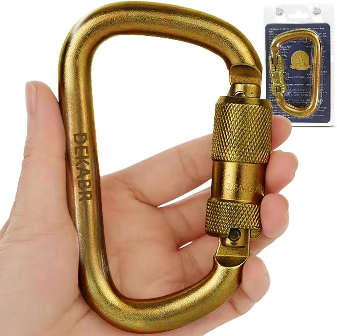 DEKABR Carabiner Heavy Duty, 45KN Twist Lock Steel Auto Locking Climbing Carabiner for Rock and Tree Climbing, Camping, Rappelling, Rescue and Mountaineering  ANAB Certified, Large, Gold