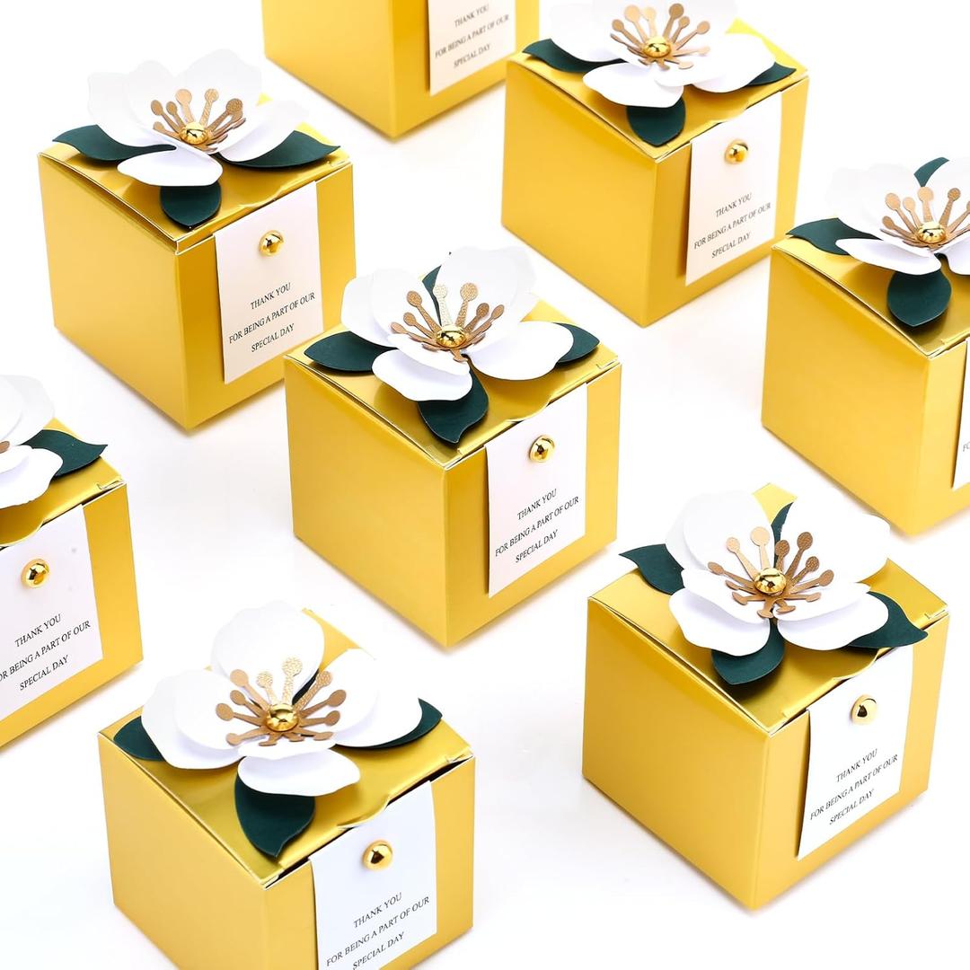Affrolling 50 Pcs Wedding Favor Boxes with Thanks Card Square Flower Candy Boxes Paper Bridal Gift Box for Guests Wedding Bridal Shower Birthday Party Anniversary (Gold)