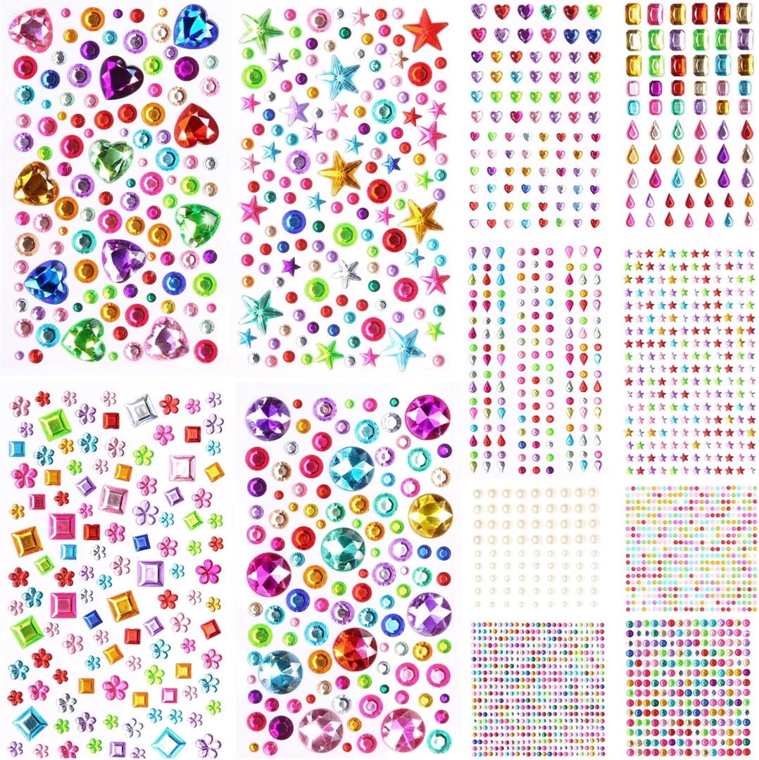 3200pcs Gem Stickers Jewels for Crafts - 12 Sheets Self Adhesive Rhinestone Jewel Stickers, Stick on Gems Rhinestones for Crafts, Craft Supplies Scrapbook for Kids