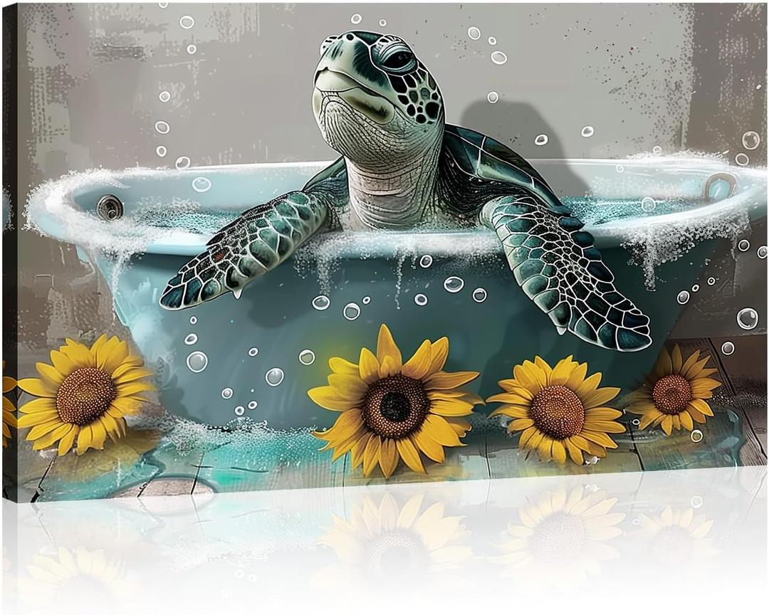 Sea Turtle Canvas Wall Art Bathroom Decor Funny Turtle in Bathtub Picture Sunflwoer Painting Sea Creature Prints Vintage Artwork Farmhouse Wall Decor Framed - 16.00x24.00 inch