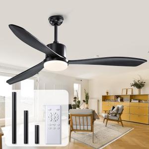 Wood Ceiling Fans with Lights: 52 Inch Outdoor Ceiling Fan with and Lights Remote Noiseless DC Motor 3 Downrods 6 Speeds Timing Reversible Modern Ceiling Fan for Outdoor Patio Indoor Bedroom-Black