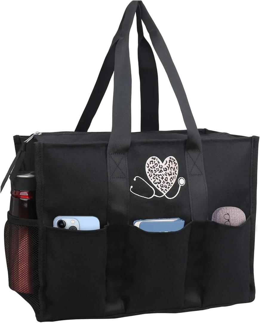 ABAMERICA Nurse Bags for Work Nursing Bag Multiple Pockets Waterproof Organizing Zip Top Clinical Bag for Nursing Students (Medium, B23- Nurse Black With Leopard Embroidery)