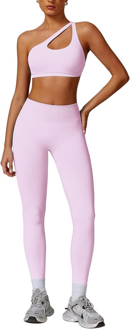 ABOCIW Women Workout Sets Seamless High Waist Scrunch Butt Lifting Gym Leggings Cutout One Shoulder Sports Bra (Small, Light Pink)