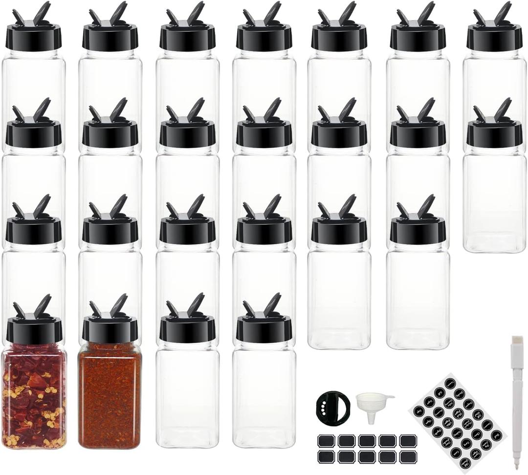 24 Pack 4oz Clear Plastic Spice Jars With Black Plastic Lids, Square Spice Bottles, Seasoning Containers with Chalk Labels, Pen, Funnel, Spice Containers For Kitchen Cabinet