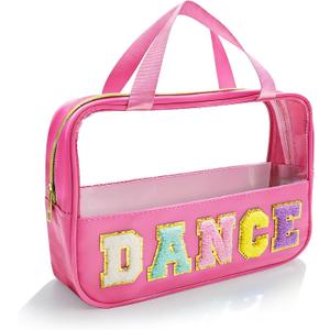 Dance Makeup Bag, Dance Recital Gifts for Girl Women, Chenille Letter Patch Clear Ballet Cosmetic Bag with Handle and Zipper, Waterproof Nylon Travel Toiletry Make Up Bag, Dance Competition Must Haves