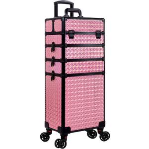 AROUS 5 in 1 Rolling Makeup Train Case Cosmetology Case on Wheels Large Cosmetic Organizer Travel Cart for Hairstylist Artist Nail Beauty Salon Barber,Pink