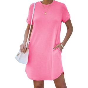 YEXIPO Women's Casual Summer Short Sleeve T Shirt Dress Nightgown Crew Neck Loose Solid Color Basic Dresses with Pockets (Pink, XL)