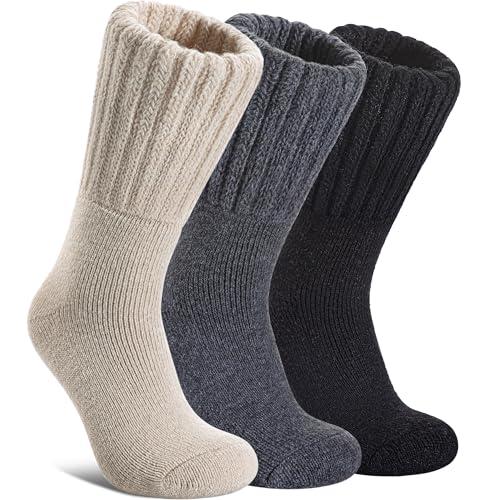 DYW Womens Merino Wool Boot Socks Thermal Thick Winter Warm Cozy Hiking Work Boot Socks Christmas Gift (3 Pairs-Beige Grey Black), M