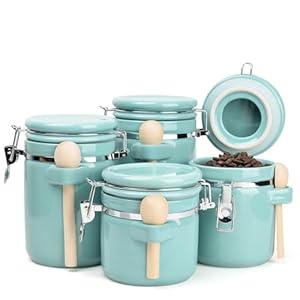 ZEBERBO 4-Piece Airtight Ceramic Canisters Set with Wooden Spoons & Chalk Labels – Perfect for Coffee, Sugar, Flour, Tea (Turquoise) – Stylish & Leakproof Kitchen Storage
