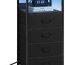 Fixwal Night Stand with Charging Station, Tall Nightstand with U-S-B Ports and Outlets, 4 Fabric Storage Drawers with PU Finish, Small Dresser Bed Side Table, Black