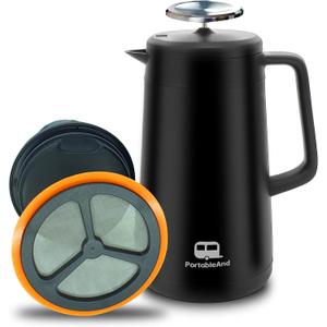 PortableAnd 34oz Double Vacuum Insulation Large Silicone French Press Coffee Maker with Silicone Ring, Stainless Steel, Perfect for Camping, Travel, and At-Home Use (Matte Black)