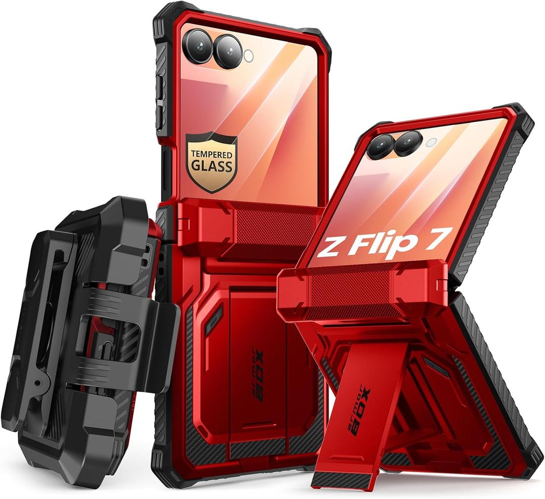 i-Blason for Samsung Galaxy Z Flip 7 Case with Stand, [Tempered Glass Screen Protector] [Hinge Protection] [Belt-Clip], Full-Body Military Protection Phone Case for Samsung Z Flip 7, Armorbox, Red (Ruddy)