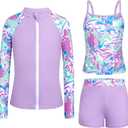 Rash Guard for Girls Long Sleeve 3 Piece Teens Swimsuits Zip Up Bathing Suit with Pockets Boyshorts (15-16 Years, Purple)