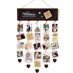 Picture Frames Collage Display Board with 30 Clips - Multi Photos Cards Organizer with Adjustable Twines and Magnetic Blackboard - DIY Wall Decor Hanging Picture Holder 15.7x5 Inches (Brown Walnut)