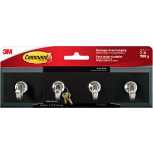 3M Command HOM18SES Decorative Key Rail, 8w x 1 1/2d x 2 1/8h, Black/Silver, 4 Hooks/Pack
