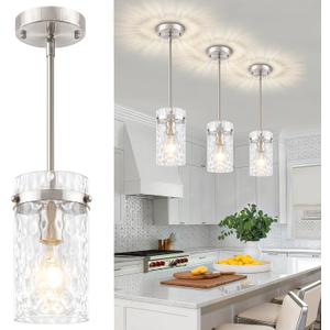 3 Pack Brushed Nickel Pendant Lights Kitchen Island, Modern Hammered Glass Pendant Lighting Over Island Hanging Bathroom Light Fixtures Adjustable Mini Pendant Light for Hallway Entryway Dining Room
