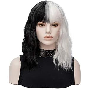 QACCF Short Wavy Shoulder Length Women Full Bang Heat Resistant Wig (Black and White)