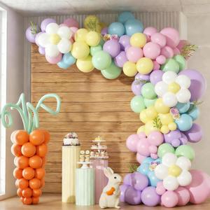 179pcs Easter Balloon Arch Garland Kit with Pastel Yellow Purple Green Orange Blue Pink Rabbit Carrot Balloons for Baby Shower Birthday Party Decorations