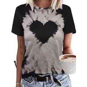Remidoo Women's Casual Tie Dye Heart Graphic Tee Shirt Short Sleeve Crewneck Tops Black X-Large 