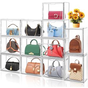 10 Pack X-Large Clear Stackable Plastic Storage Bins with Magnetic Lid, Acrylic Shoe Display Case for Book Cosmetic Figures Collectibles Showcase, Shoe Box Handbag Organizer,Size 14